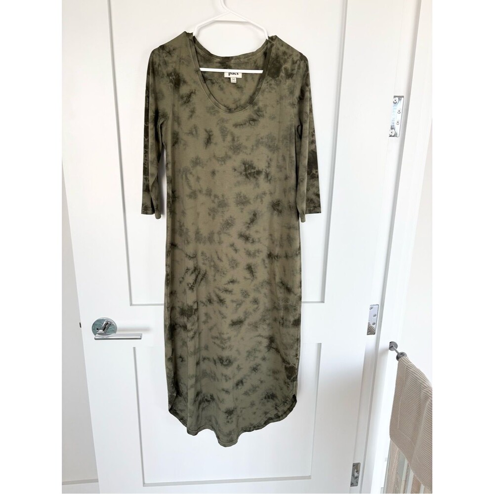 Pact Tie Dye Midi Dress Green Scoop Neck 3/4 Sleeve. Organic cotton. size M